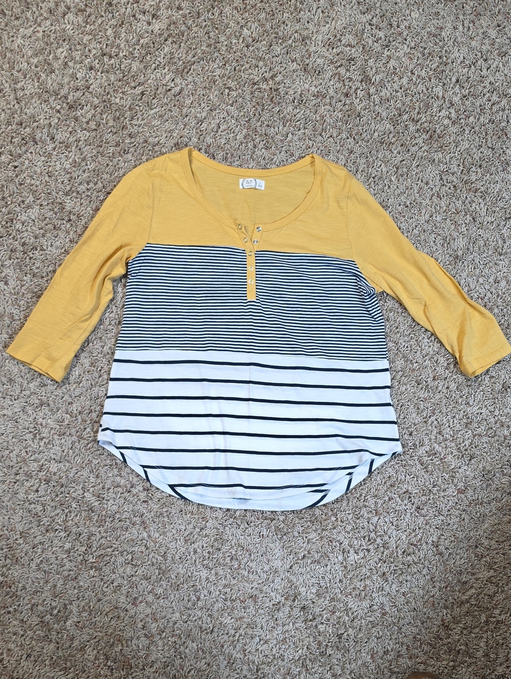 Women's Yellow Stripe Henley Blouse with 3/4 Sleeves